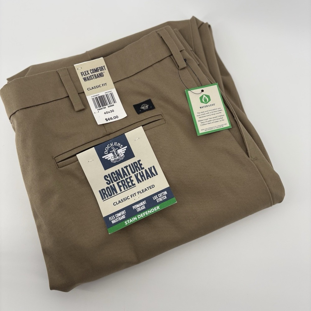 Dockers Mens Signature Iron Free Khaki Classic Fit Pleated Pants Tan Size 40x30